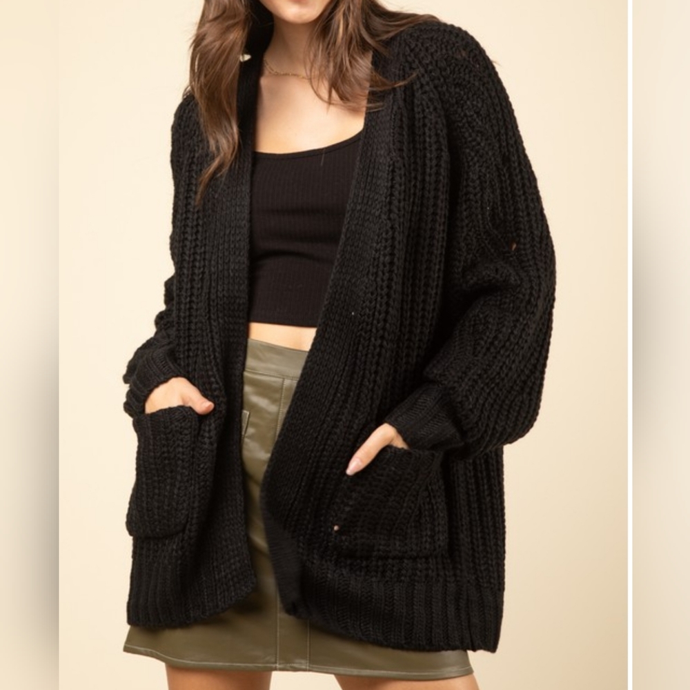 Cozy BlackTextured Sleeve Oversize Knit Sweater Cardigan